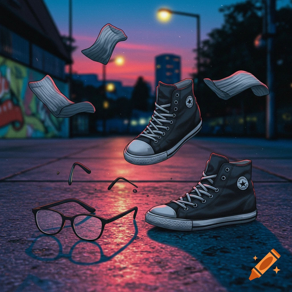 Black sneakers, socks, and broken glasses float mid-air on a wet urban street at dusk, illustrating an invisible man's presence.