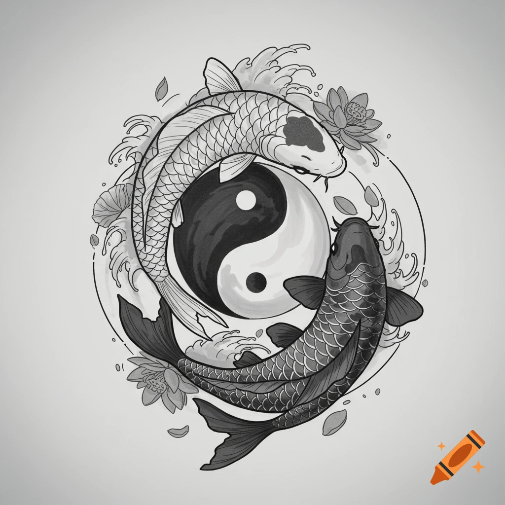 Black and white tattoo art of two koi fish circling a yin-yang symbol with lotus flowers and waves.