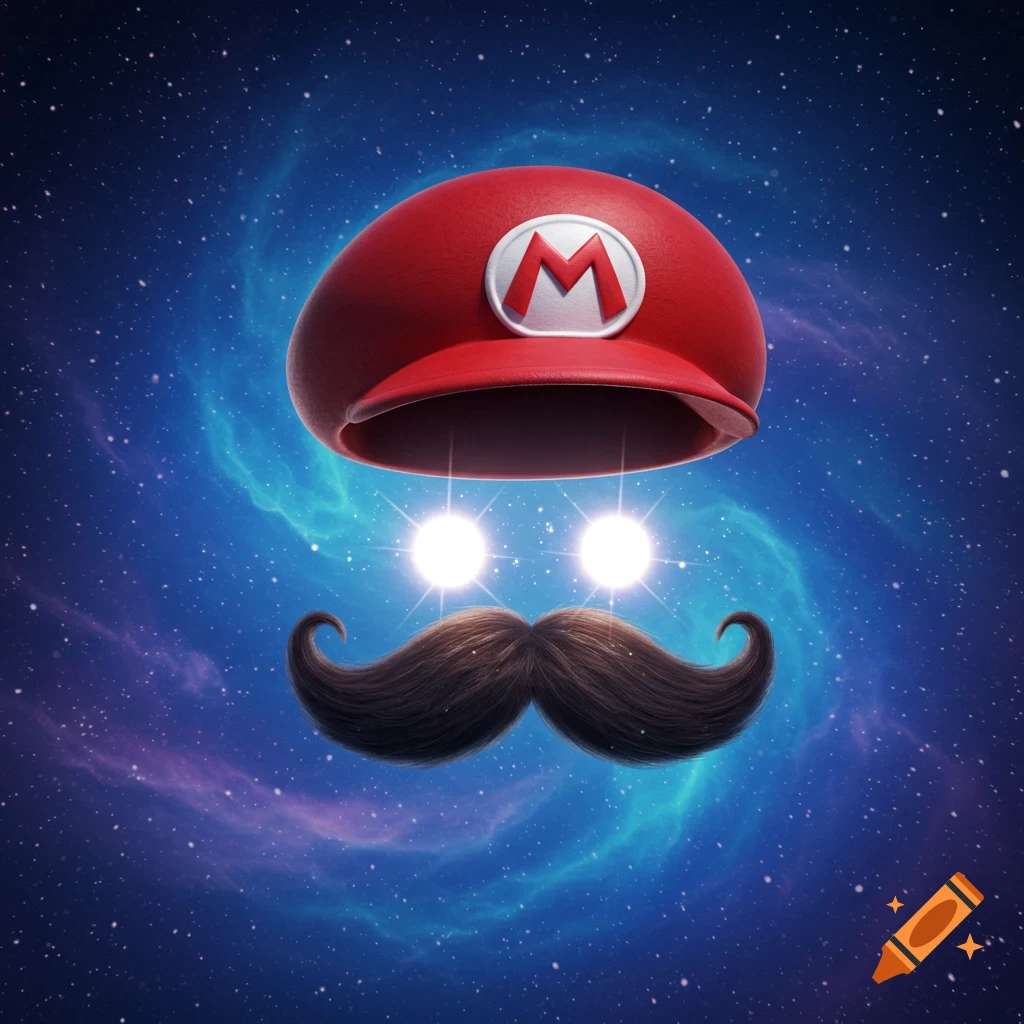 A red Mario hat with an 'M' logo, glowing white eyes, and a brown mustache float in a galaxy with blue and purple nebulae.