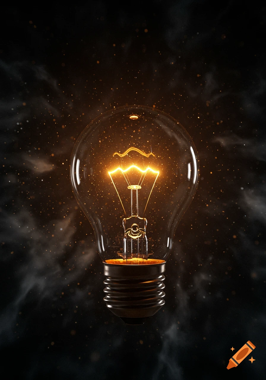 A brightly glowing lightbulb against a dark, smoky background with golden sparkling particles.
