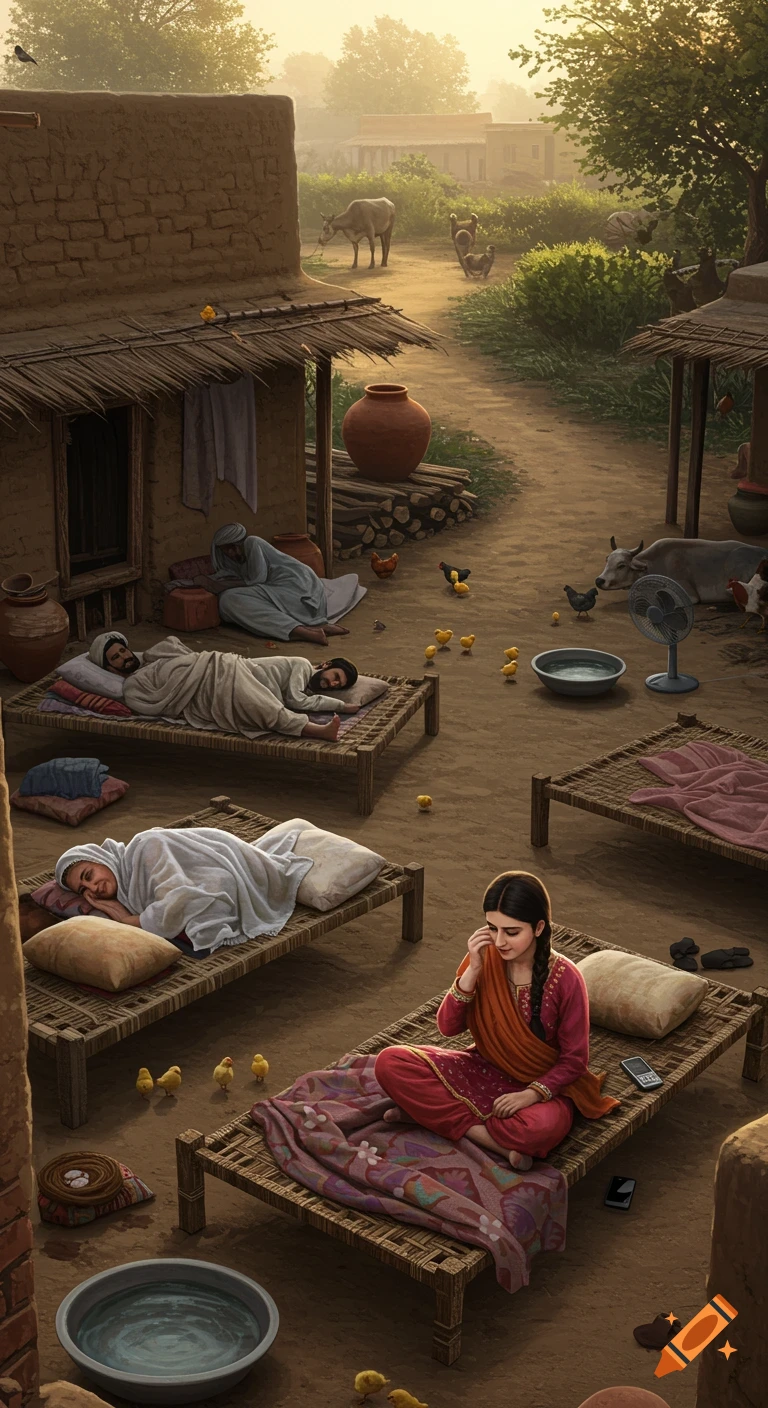 A peaceful rural village scene at dawn with people sleeping on charpoys, a girl awake, chickens, and a cow.