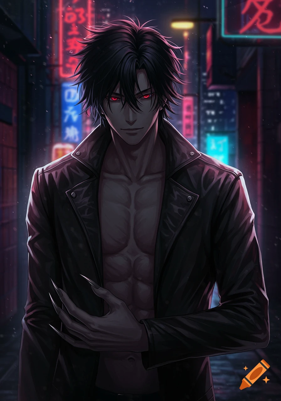 An anime-style man with black shaggy hair, red eyes, and clawed fingers wears an open leather jacket, revealing his muscular torso, in a neon-lit city alley.