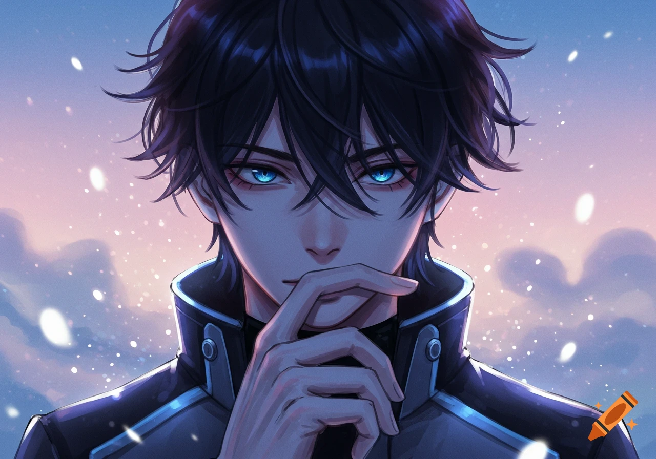Close-up anime portrait of a dark-haired guy with glowing blue eyes and a hand covering his mouth, against a pink and blue sky.