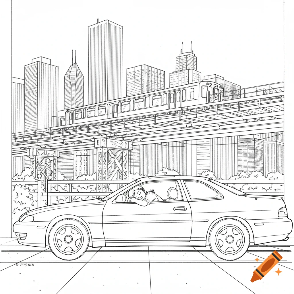 A line art drawing shows a kid sleeping in a 1992 sc400 car in the foreground. An elevated train passes above, with a Chicago skyline in the background.
