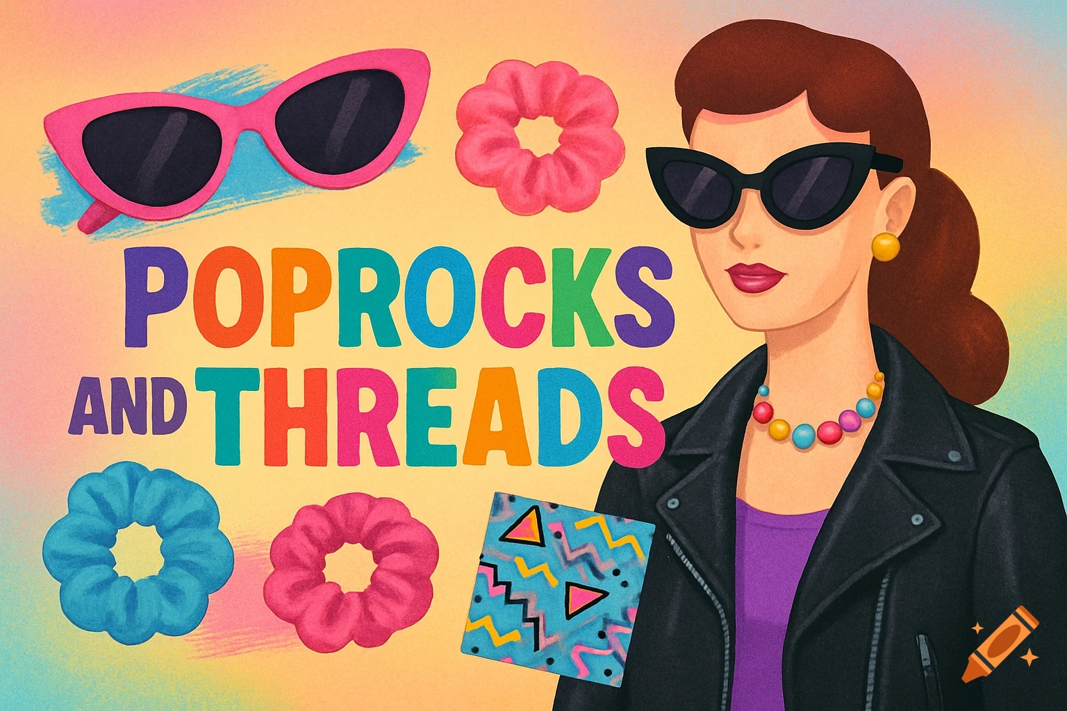 Colorful retro illustration with a woman in sunglasses, scrunchies, and 'POPROCKS AND THREADS' text.