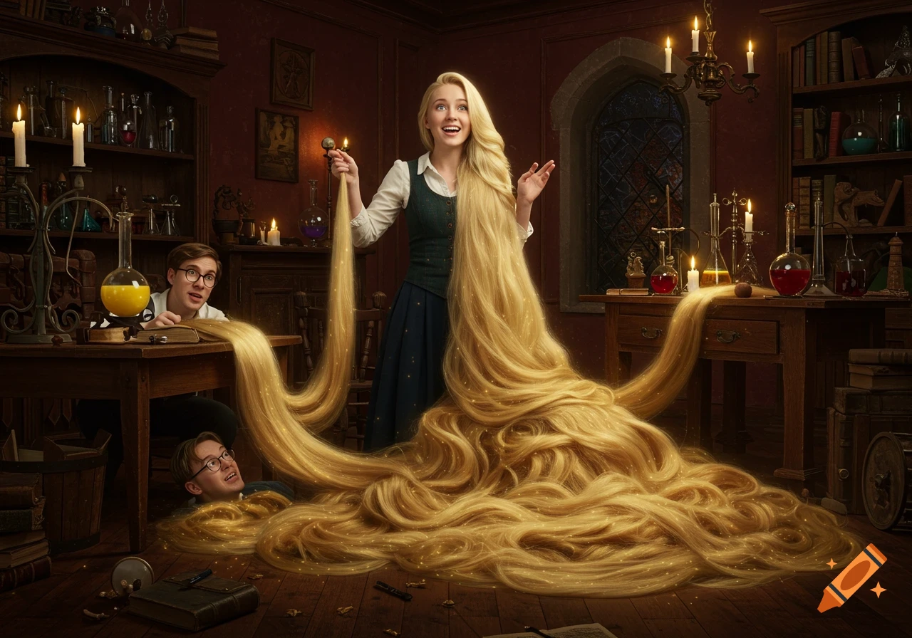 A young woman with impossibly long, golden hair overflowing a laboratory, as two male assistants are entangled within it.