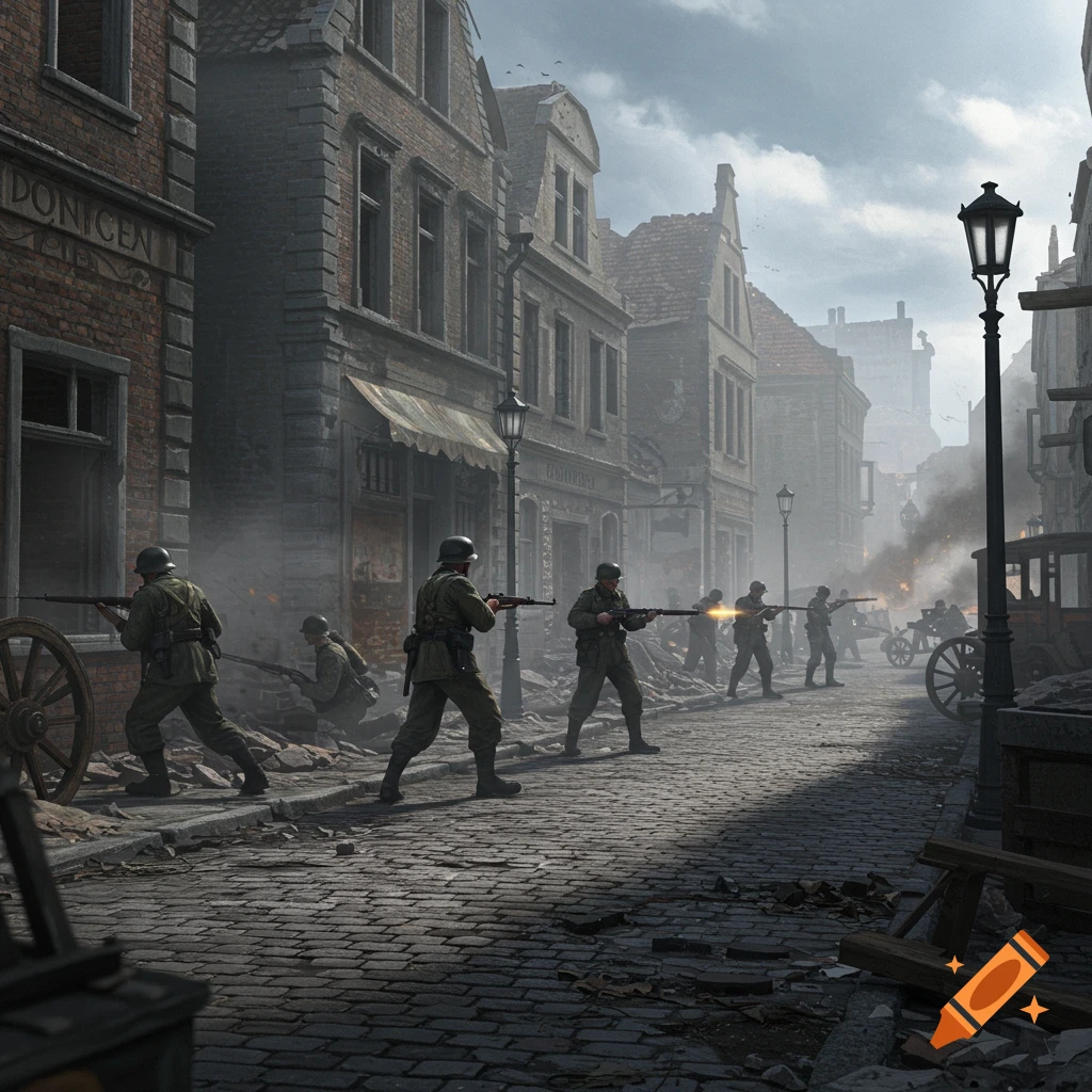 Photorealistic depiction of soldiers in a bombed-out street engaging in combat during wartime, with buildings on either side and smoke.