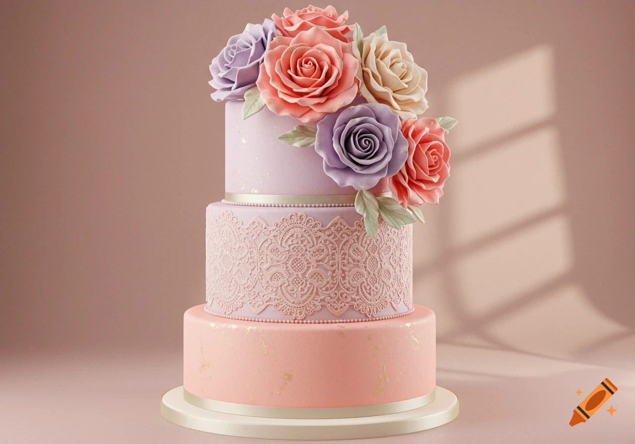 A beautiful three-tiered pastel cake adorned with sugar roses and lace details.