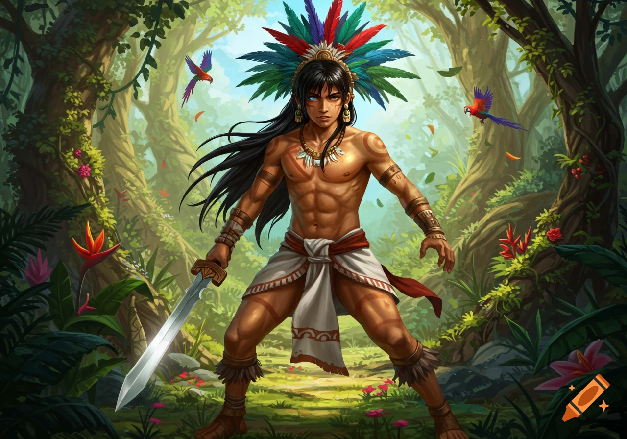 An Aztec teen warrior with long black hair, a feathered headdress, tribal markings, and a sword stands in a lush jungle.
