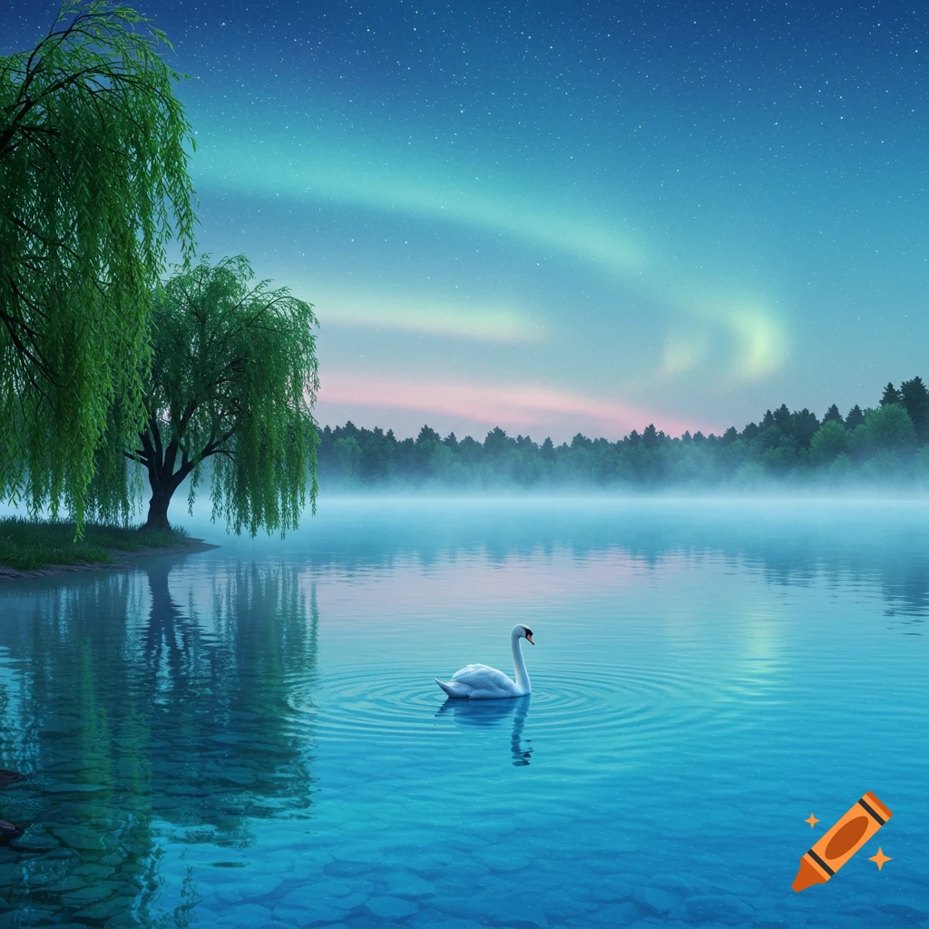 A serene night landscape with a swan swimming on a misty lake under a starry sky with aurora borealis and willow trees.
