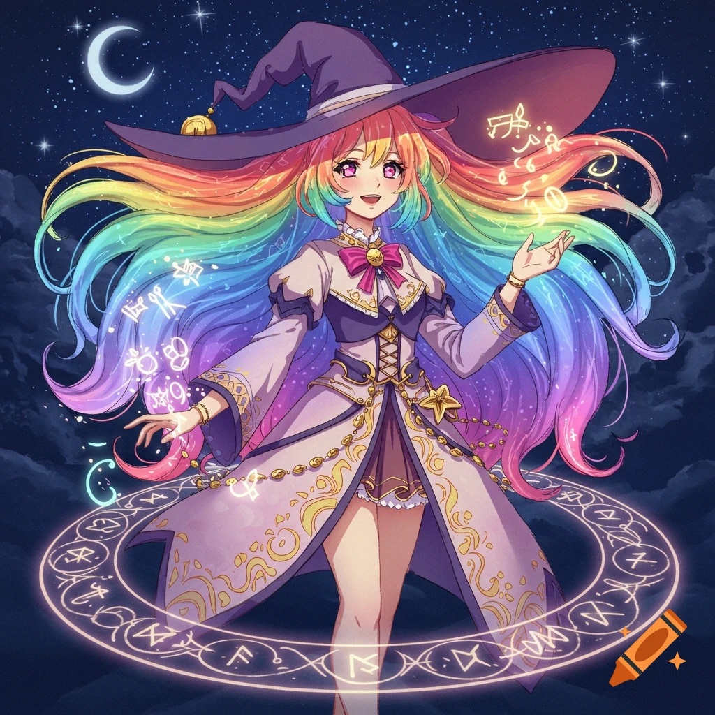 An anime witch with long, flowing rainbow hair, a purple hat, and a light-colored magical robe, stands under a starry night sky with a crescent moon, casting a glowing spell with mystical symbols.