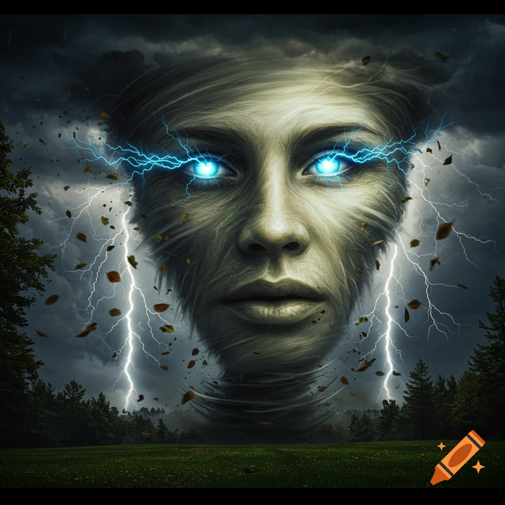 A surreal, stormy face with glowing blue eyes formed from a tornado, amidst lightning and swirling leaves over a dark landscape.