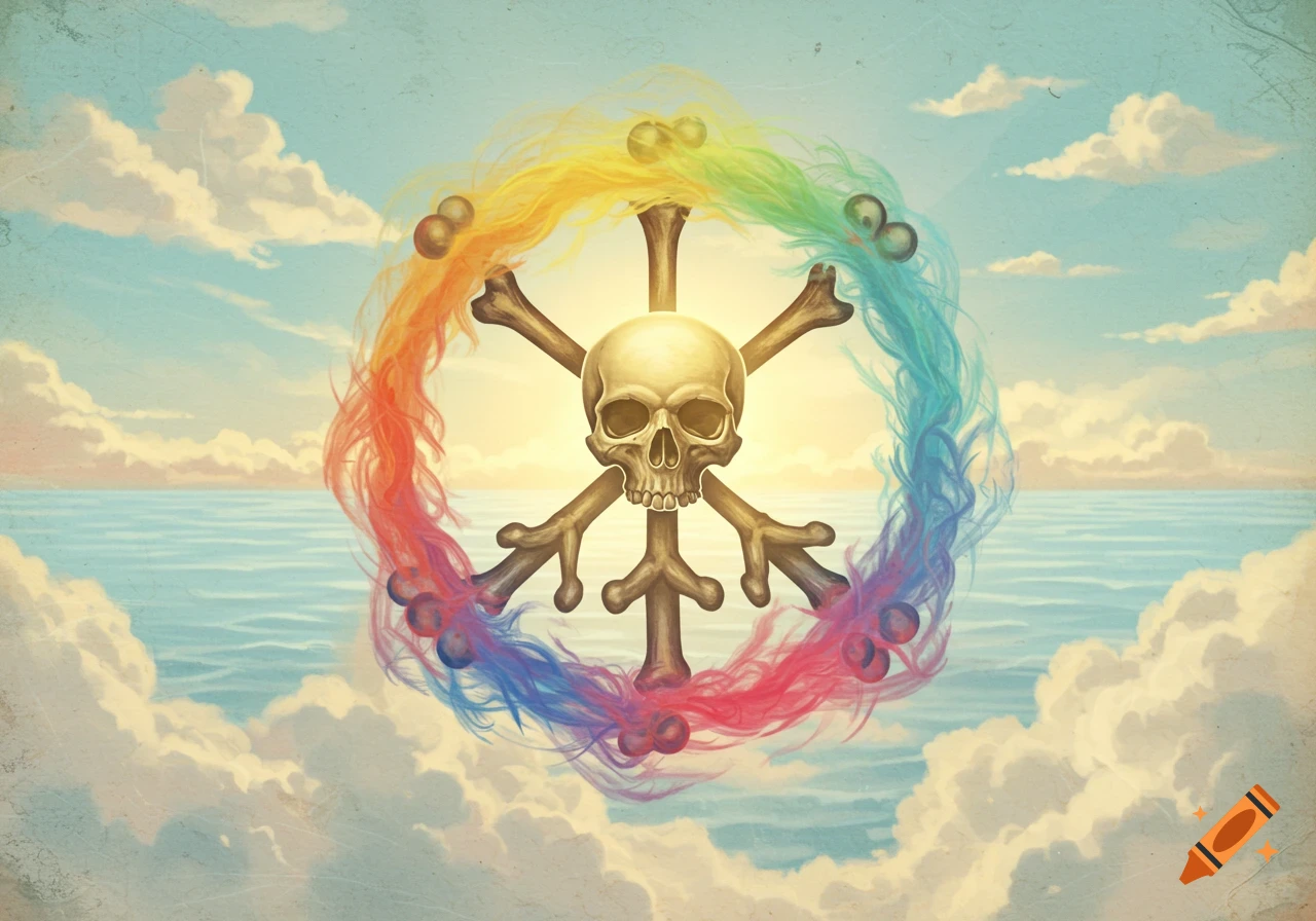 A skull and crossbones emblem surrounded by a vibrant rainbow aura, floating above an ocean under a cloudy sky.