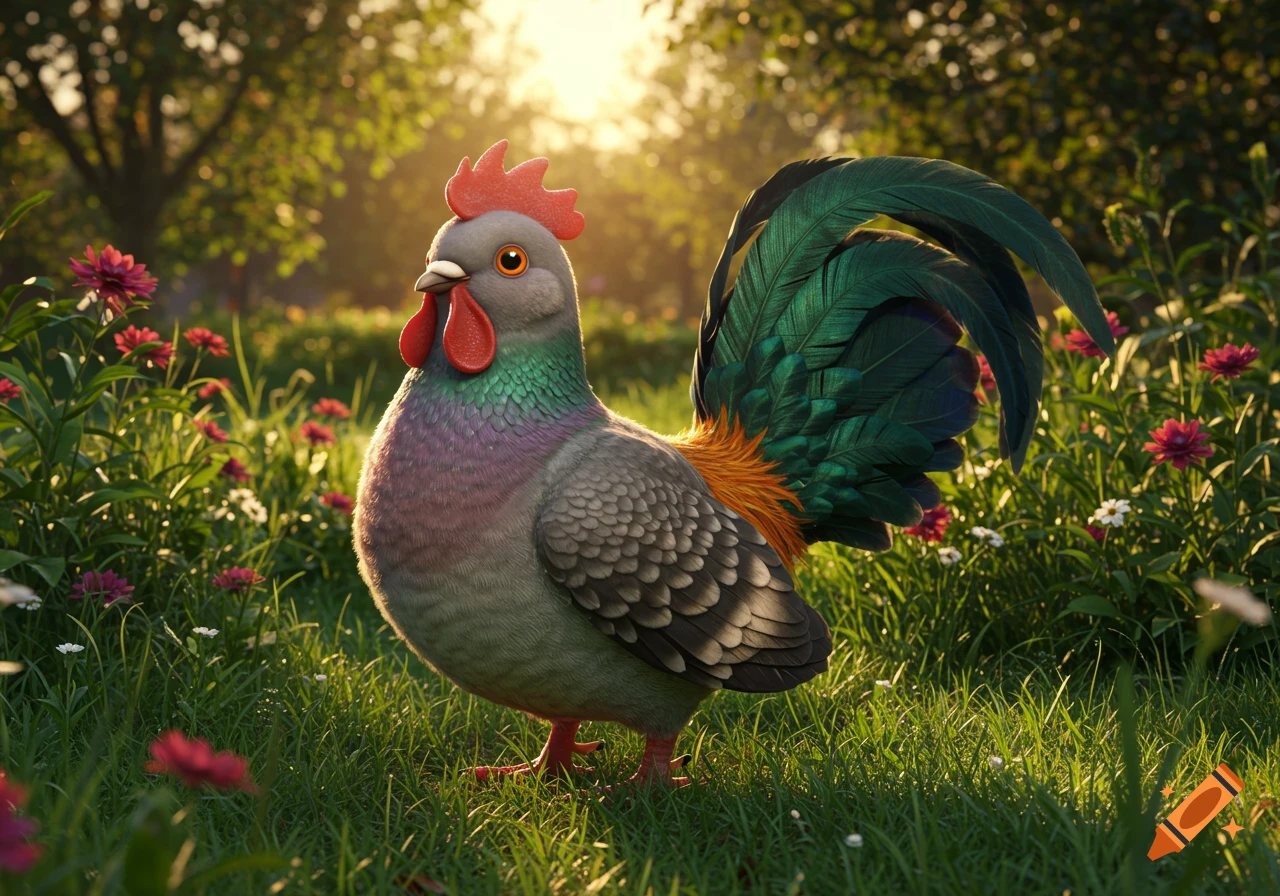 A colorful, stylized pigeon-chicken hybrid bird stands in a sunlit field with green grass and pink flowers.