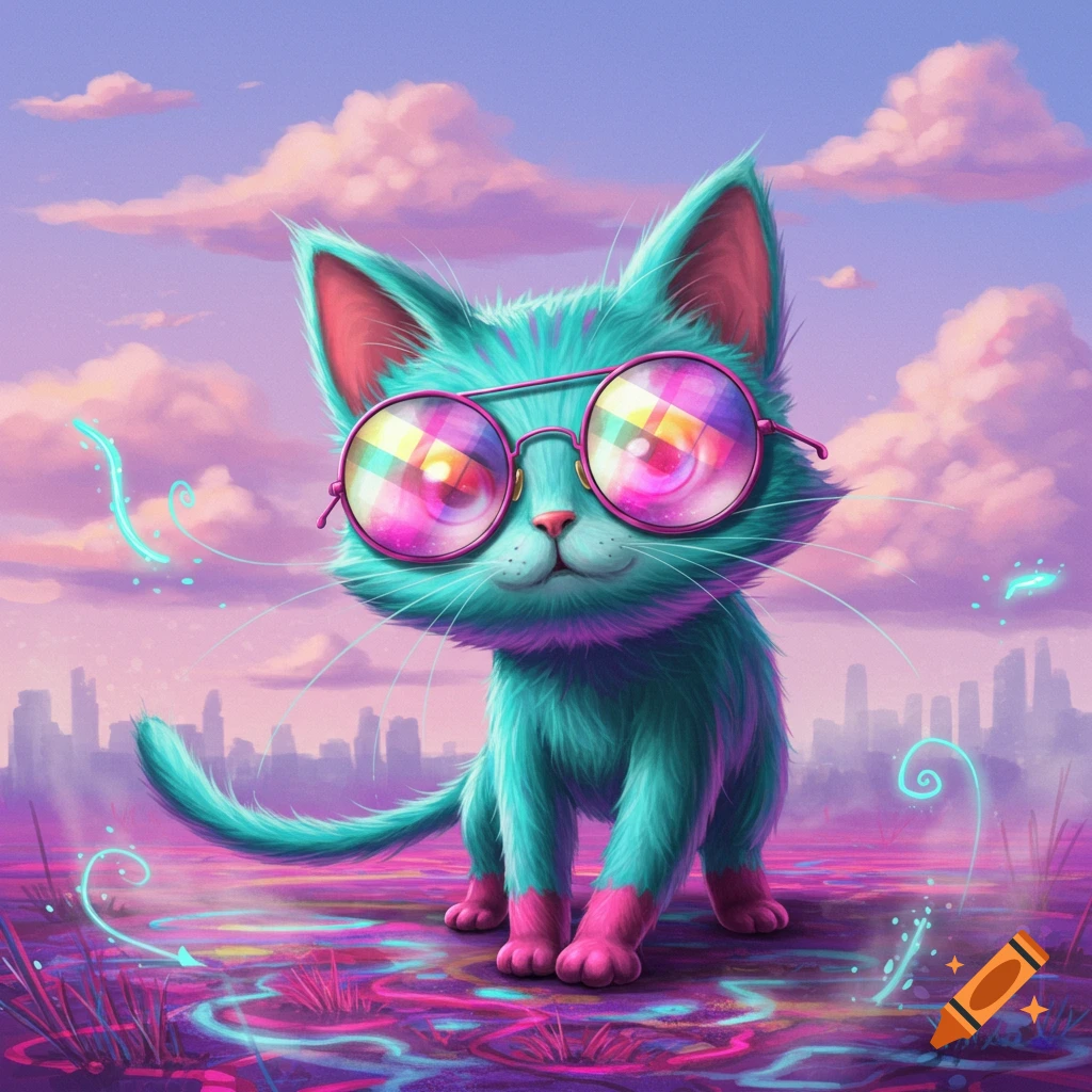 A vibrant turquoise cat wearing round, rainbow-reflective sunglasses stands on neon-glowing ground under a pastel sky with a distant city skyline.