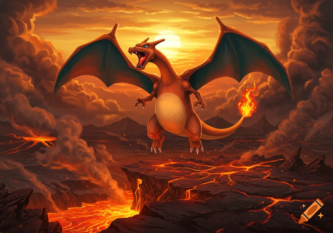 A Charizard stands roaring on a cliff in a volcanic landscape with lava and an orange sunset.