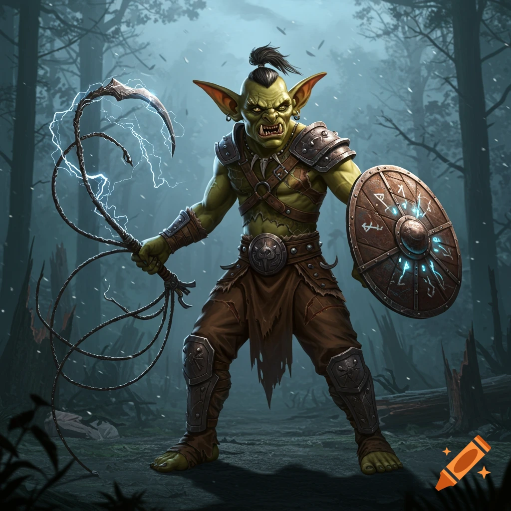 A green-skinned goblin warrior with fangs and armor holds a lightning whip and a shield with glowing runes in a dark forest.