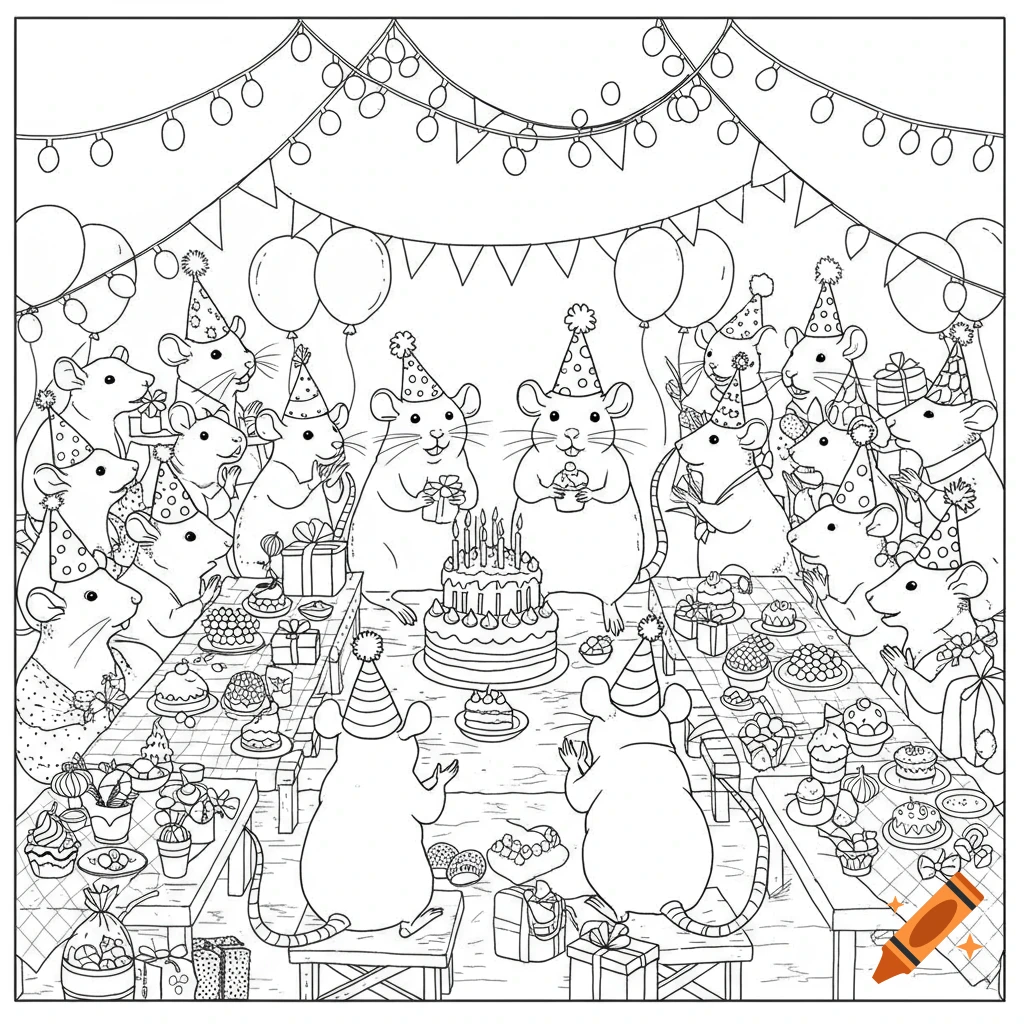 Line drawing of numerous cartoon rats wearing party hats, celebrating a birthday with a cake and treats on tables.