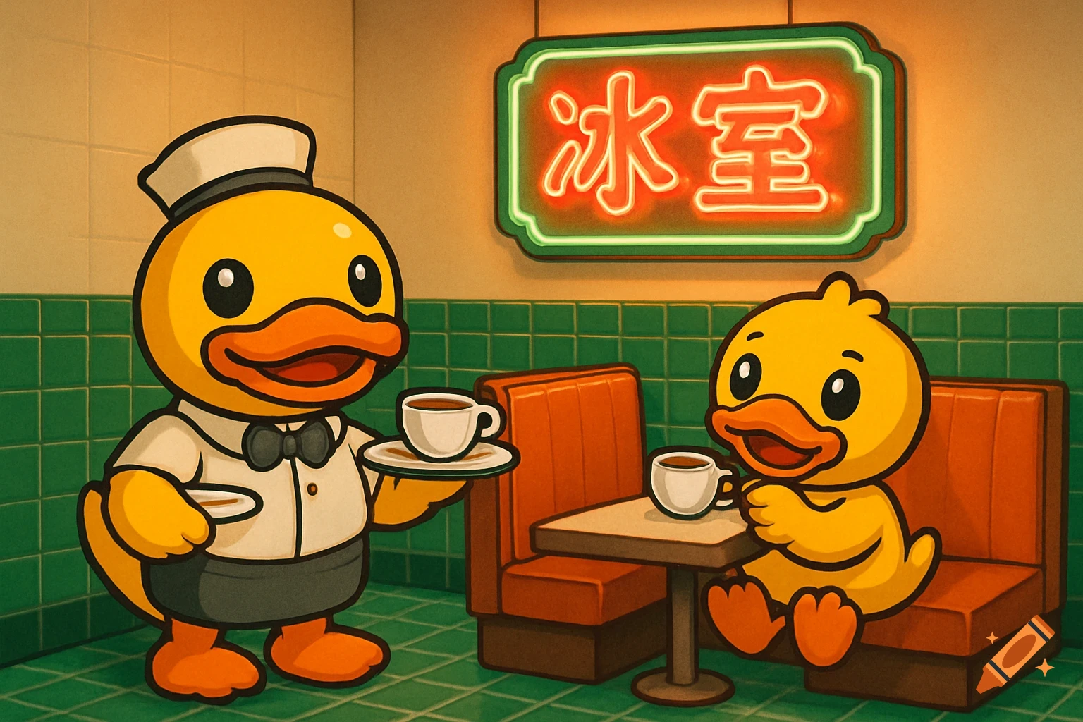 A cartoon duck waiter serves coffee to another duck customer in a retro cafe with a neon sign.
