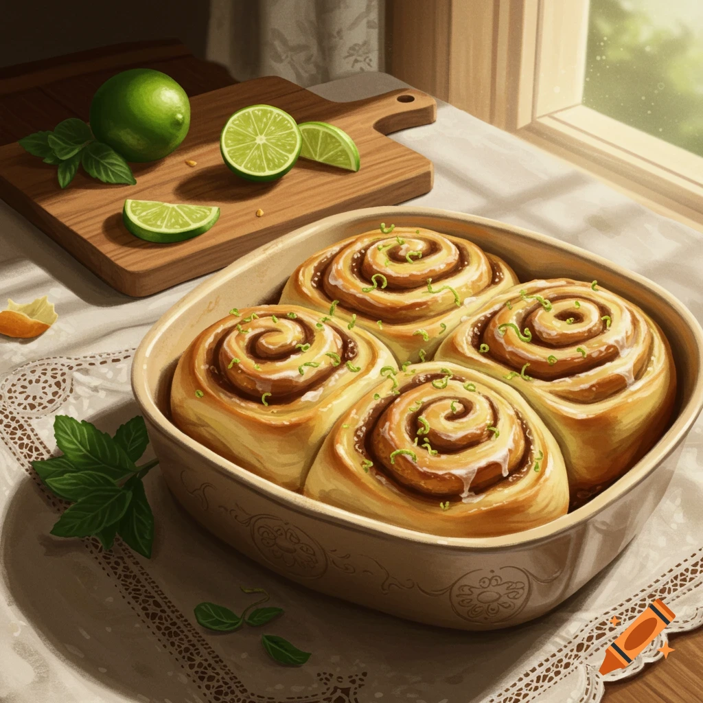 Four key lime cinnamon rolls in a baking dish on a table with fresh limes and mint, near a window.