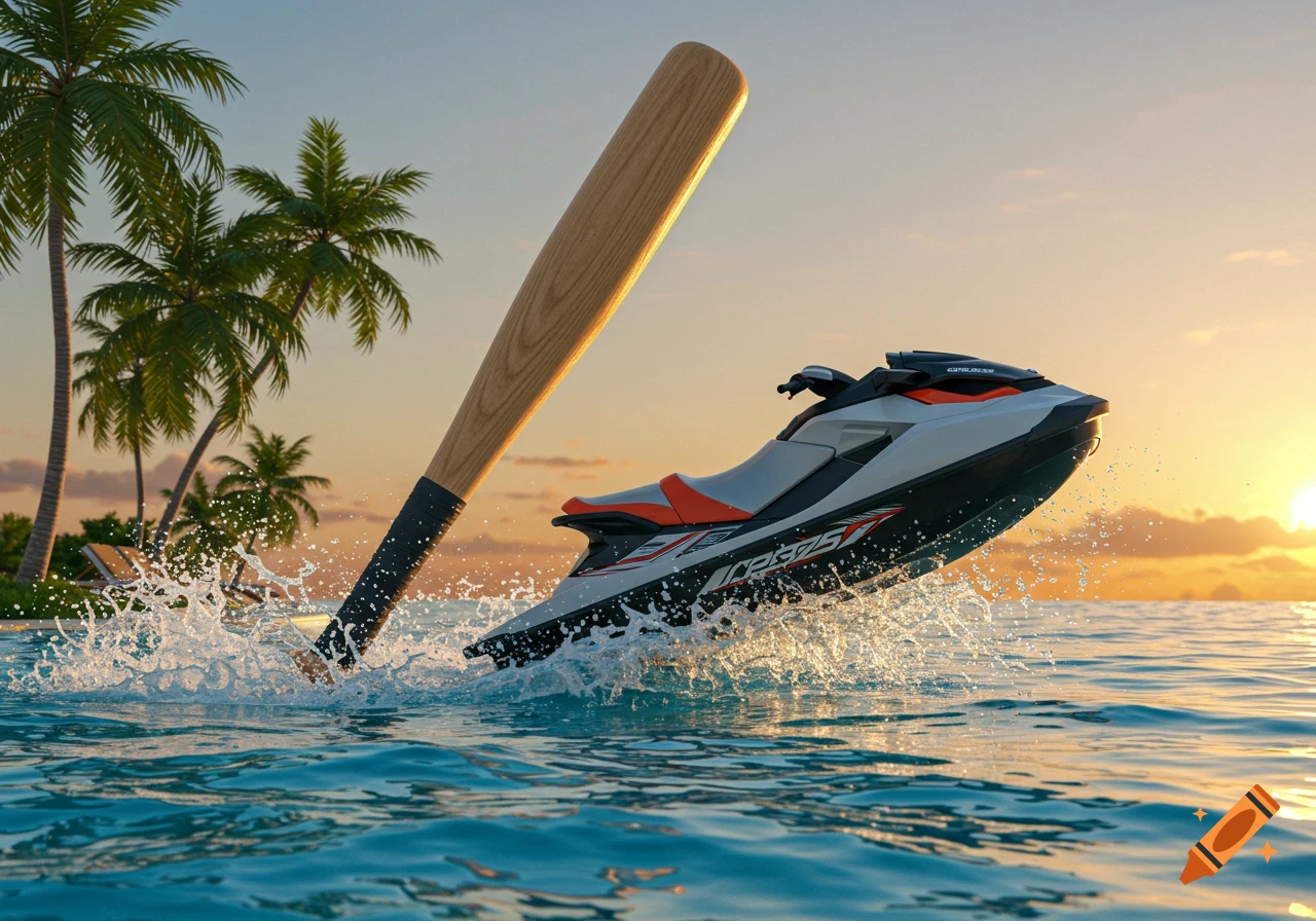 A baseball bat standing upright in tropical blue water next to a jet ski at sunset with palm trees in the background.