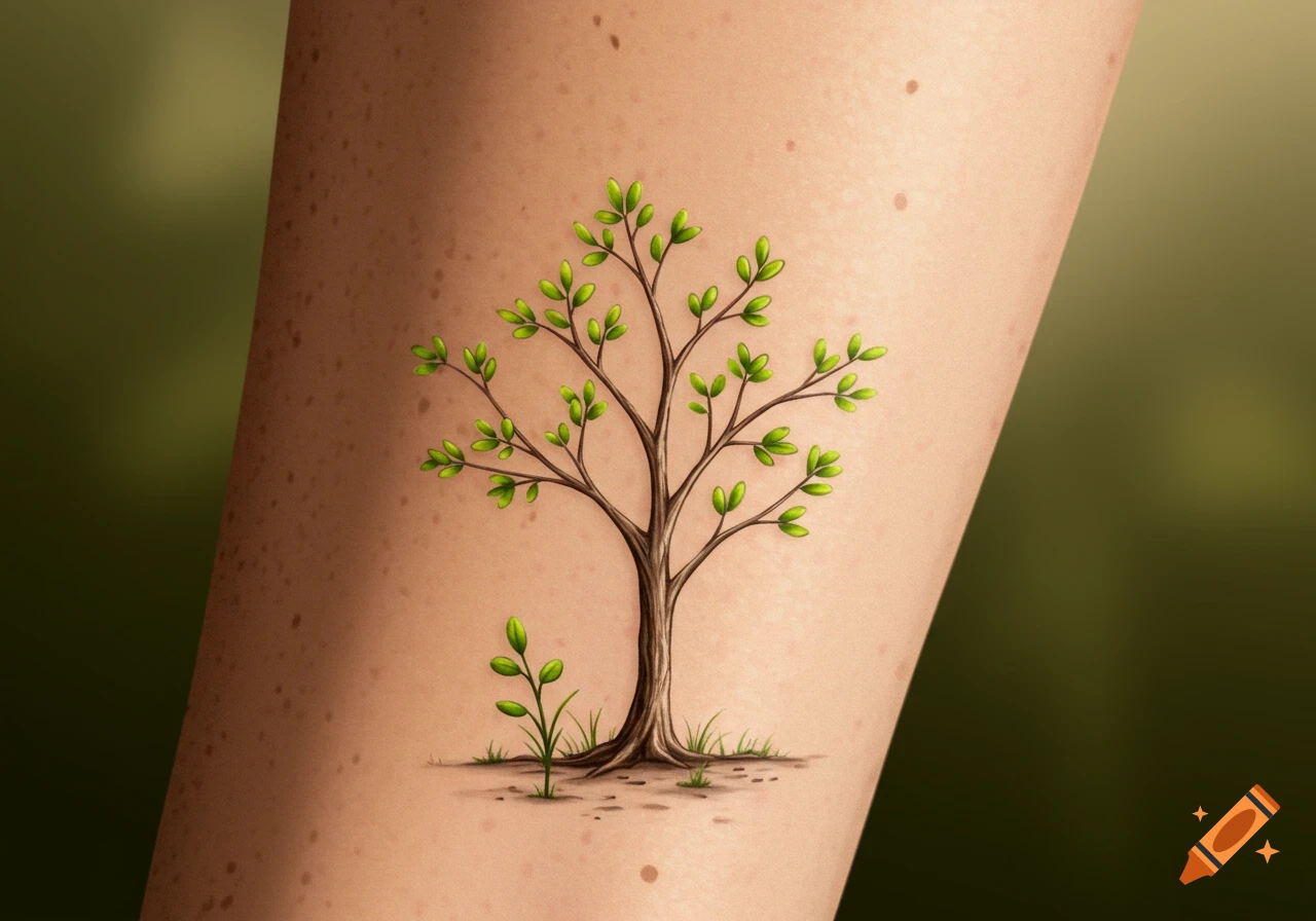 A small tree tattoo with green leaves on skin, against a blurred background.