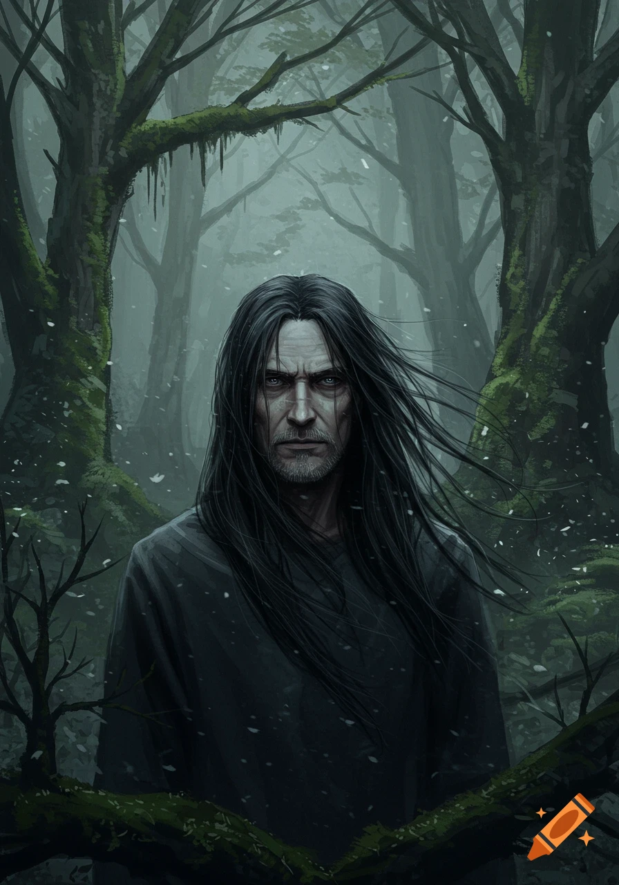 A man with long black hair and a beard stands in a misty, mossy forest, in a dark fantasy art style.