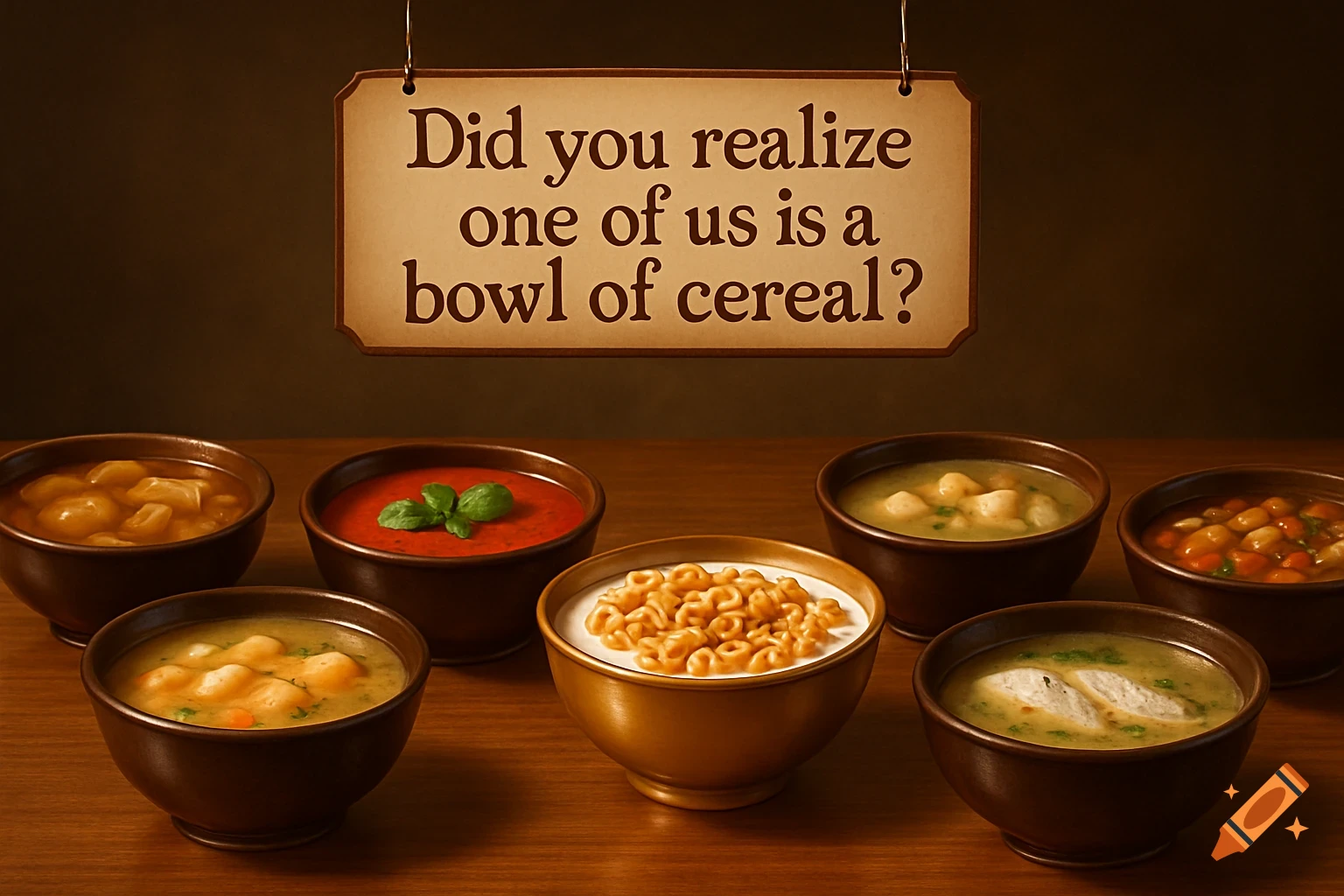 Six bowls of various soups and one bowl of cereal on a table, with a sign reading 'Did you realize one of us is a bowl of cereal?' Photorealistic style.