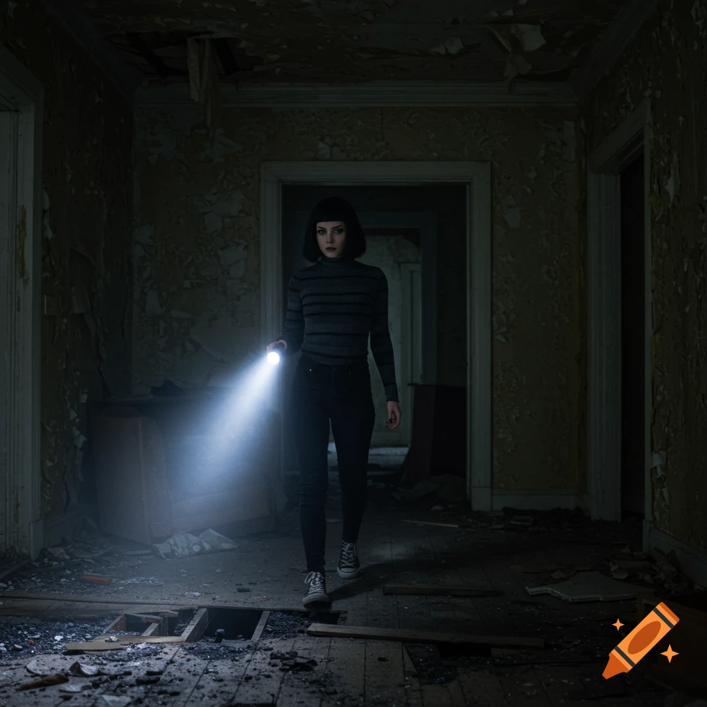 A photorealistic image of a woman with a flashlight walking through a dark, dilapidated abandoned house.