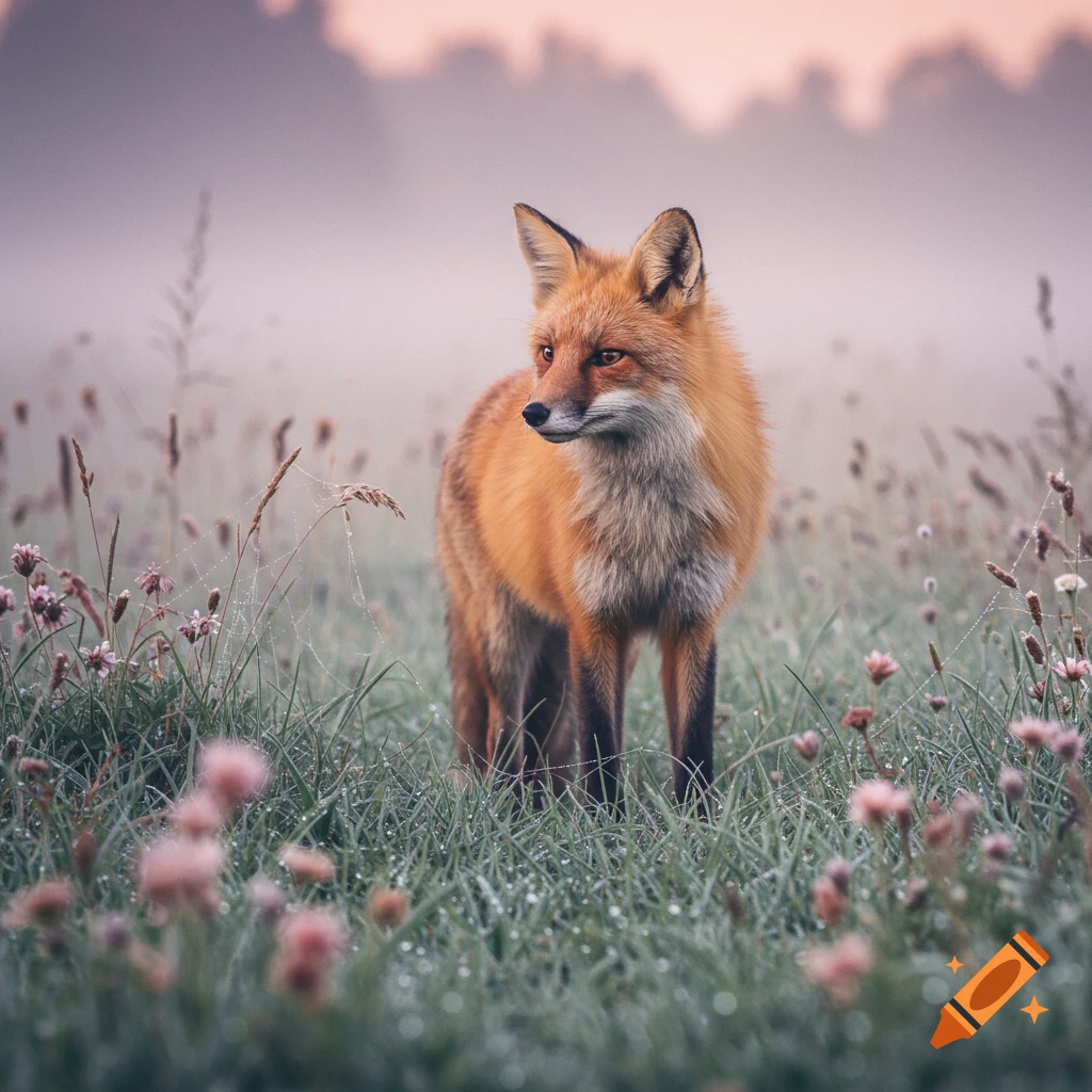 A red fox stands in a misty, dewy field of tall grass and wildflowers at dawn.