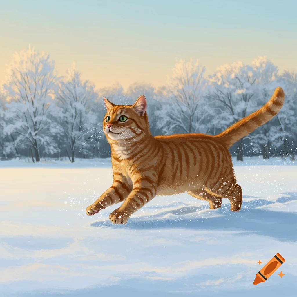 An orange tabby cat runs through a snowy landscape with frosted trees in the background.