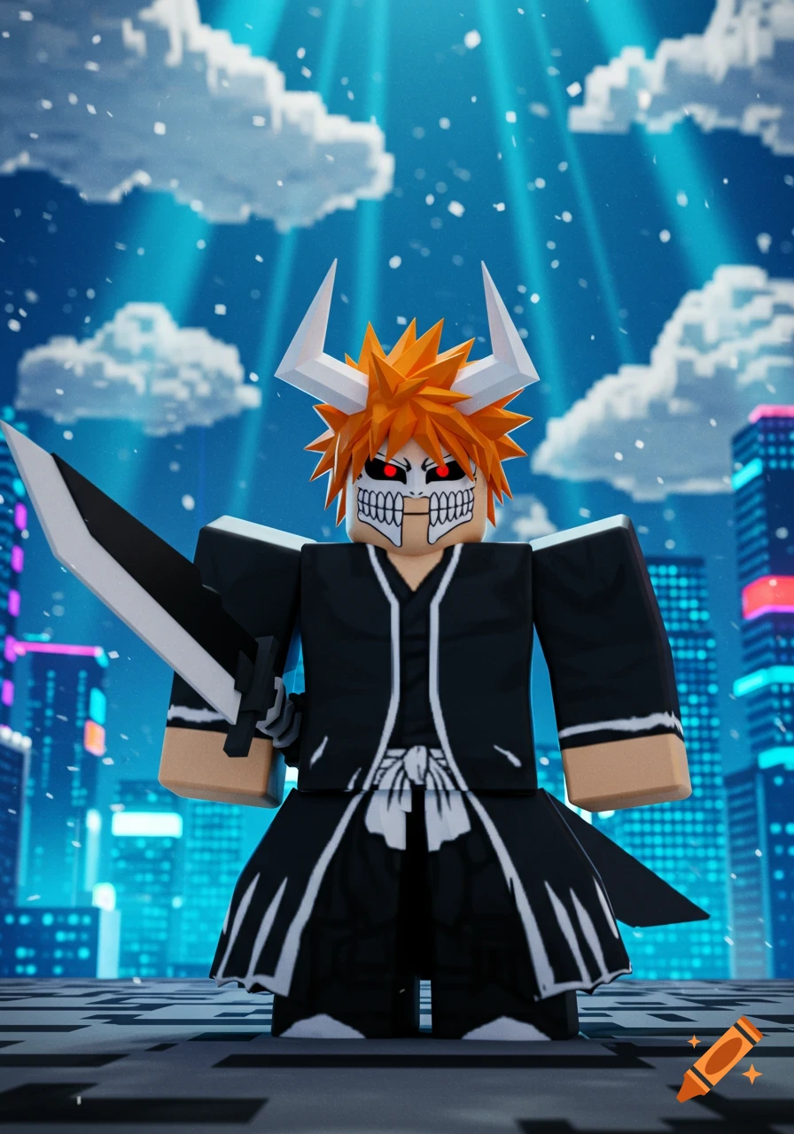 A Roblox-style 3D render of Ichigo from Bleach, masked and holding a sword in a stylized cityscape.