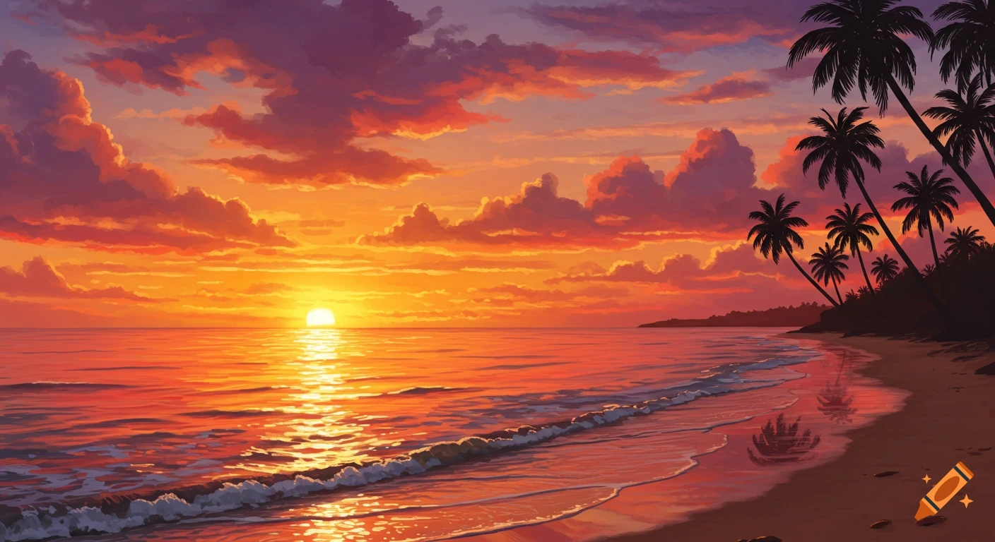 Vibrant tropical beach sunset with palm trees silhouetted against an orange and purple sky.