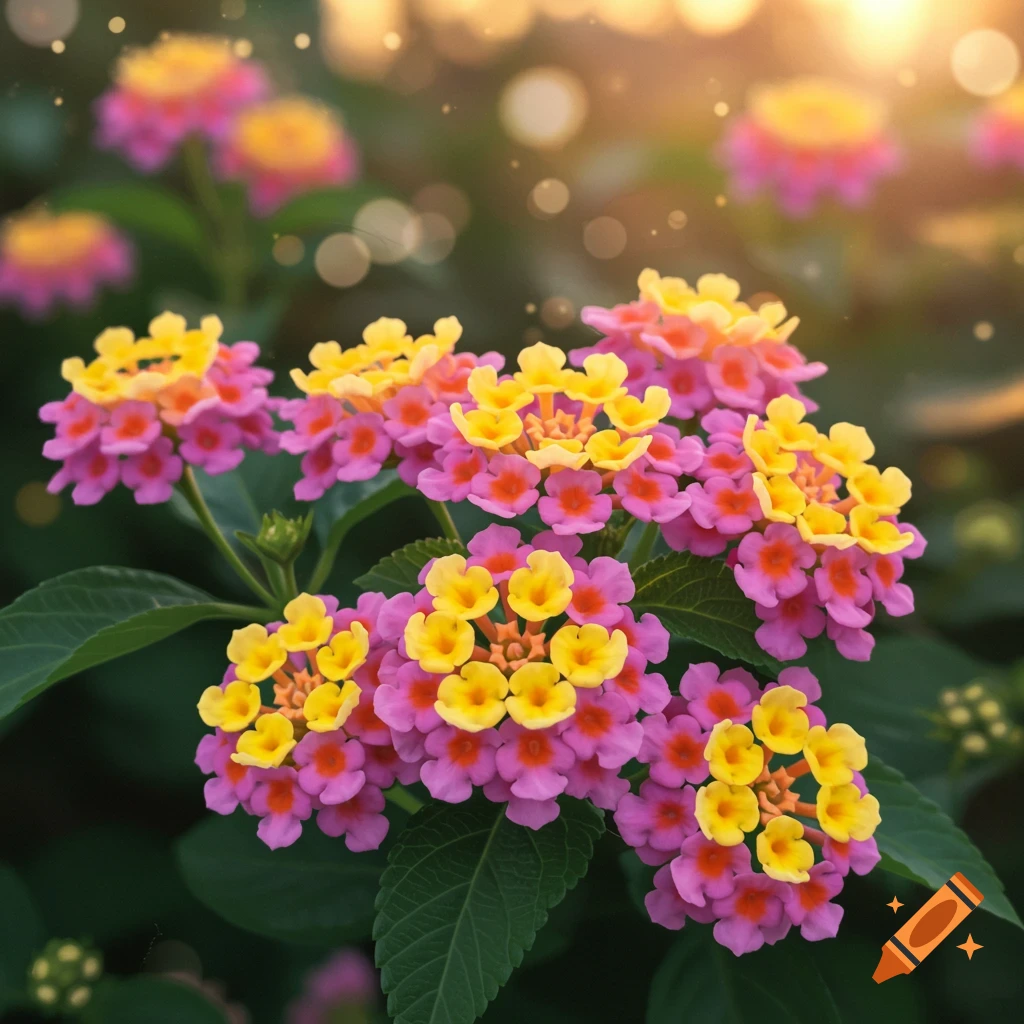 Close-up of vibrant pink and yellow lantana flowers with a blurred, sunny background and bokeh light.