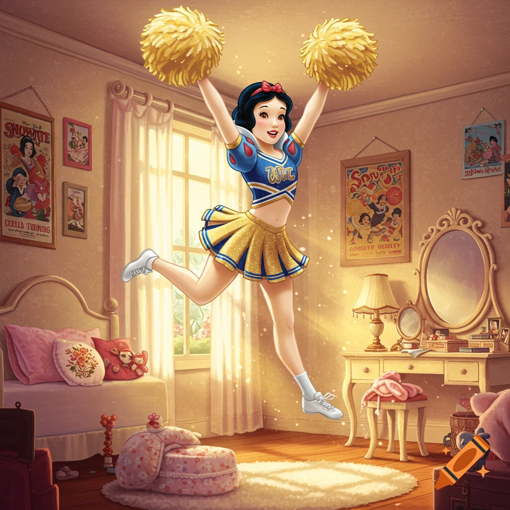 A cartoon-style image of Snow White dressed as a cheerleader, mid-jump, holding golden pom-poms in a sunlit bedroom.