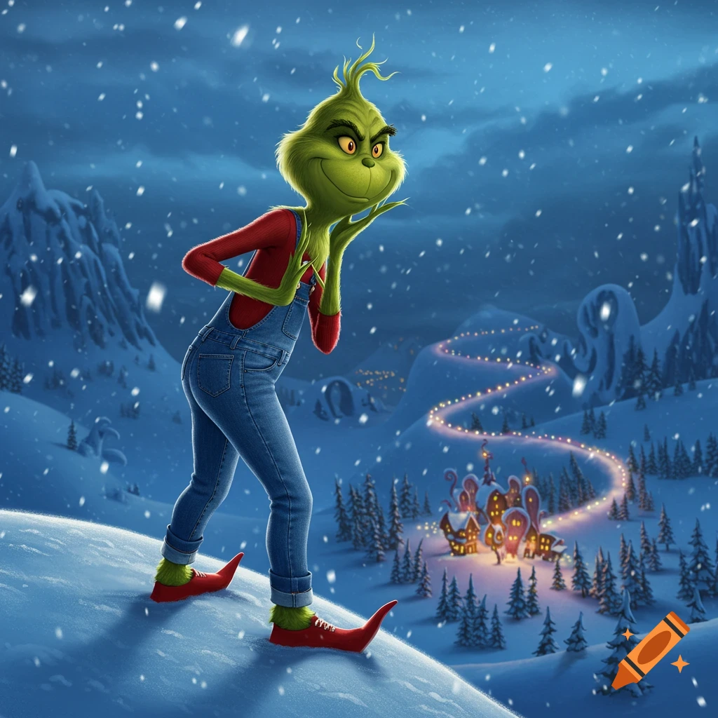 The Grinch in denim overalls and red shoes stands on a snowy hill, looking mischievous, with a village in the distance.