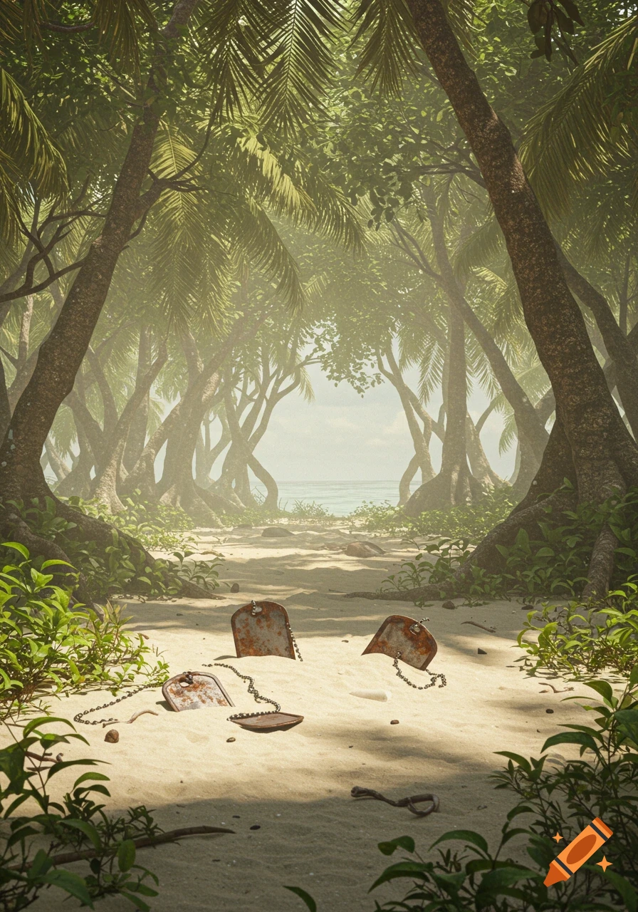 A path through a dense jungle clearing on a tropical island opens to the ocean. Rusted military dog tags are half-buried in the sand.