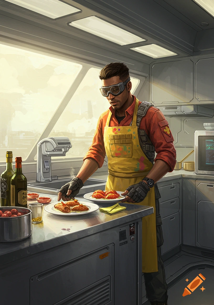 A man in an orange shirt and yellow apron, wearing goggles, serves food in a futuristic kitchen with large windows.