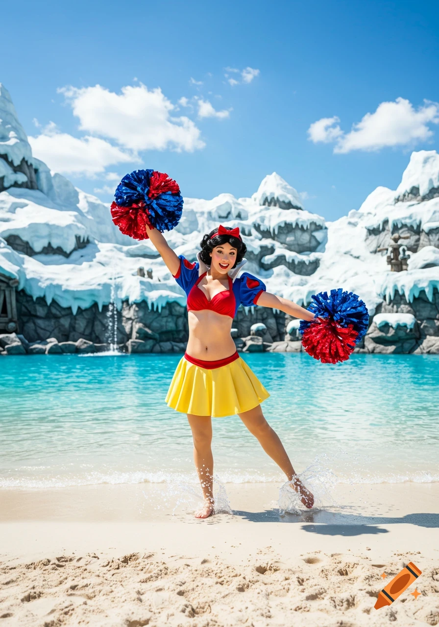 A woman dressed as Snow White in a bikini holds pom-poms on a beach with snow-capped mountains.