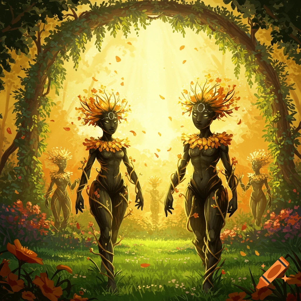 Two dark-skinned plant people with leafy headdresses and vines on their bodies walk through a glowing forest under a leafy archway, with other figures in the background.