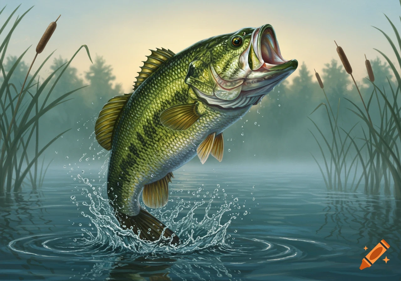 A vibrant green largemouth bass leaps dynamically from dark water, creating a splash, with reeds and a misty forest in the background.