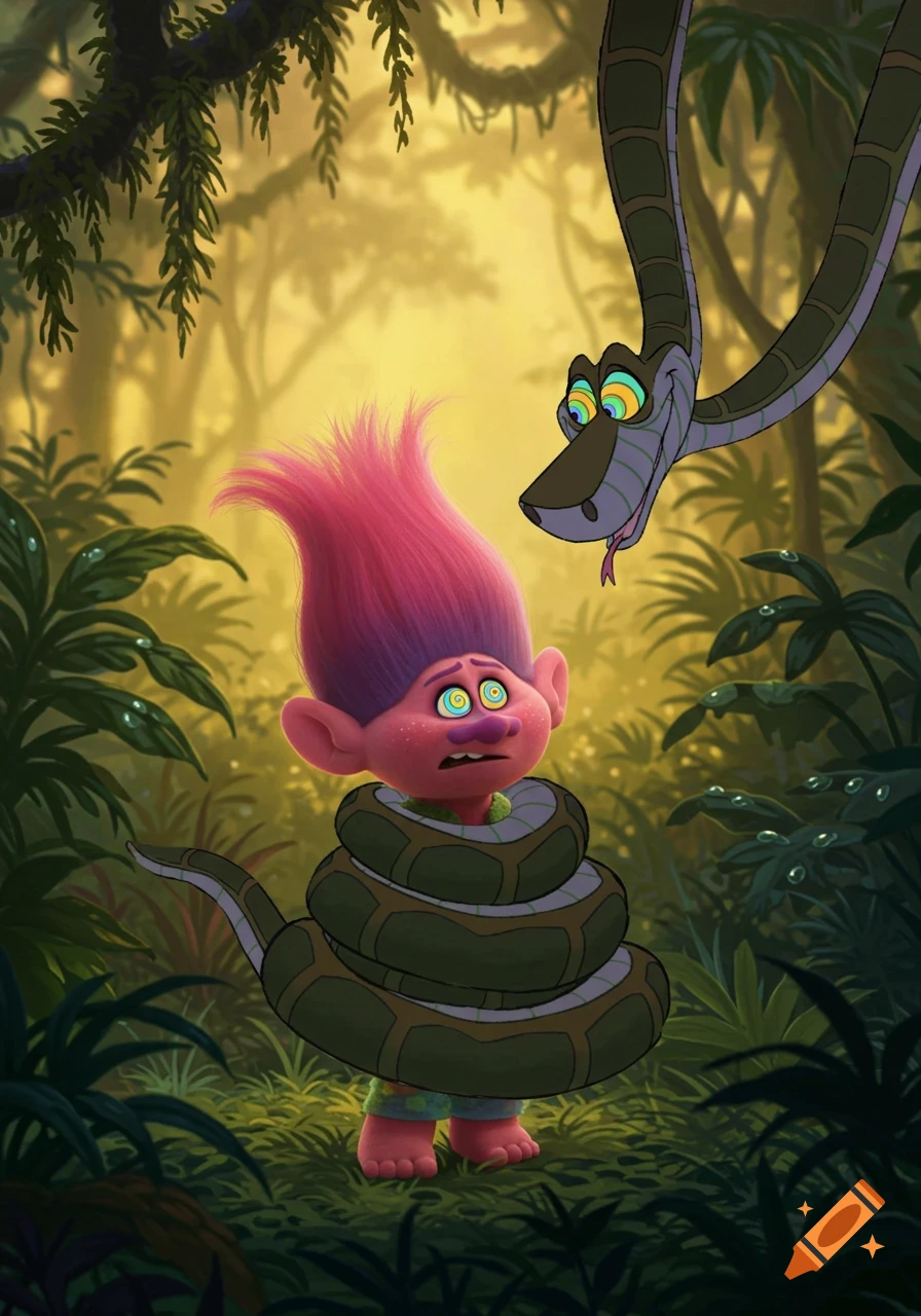 Animated image of pink-haired John Dory from Trolls coiled by Kaa the snake in a jungle, appearing hypnotized.