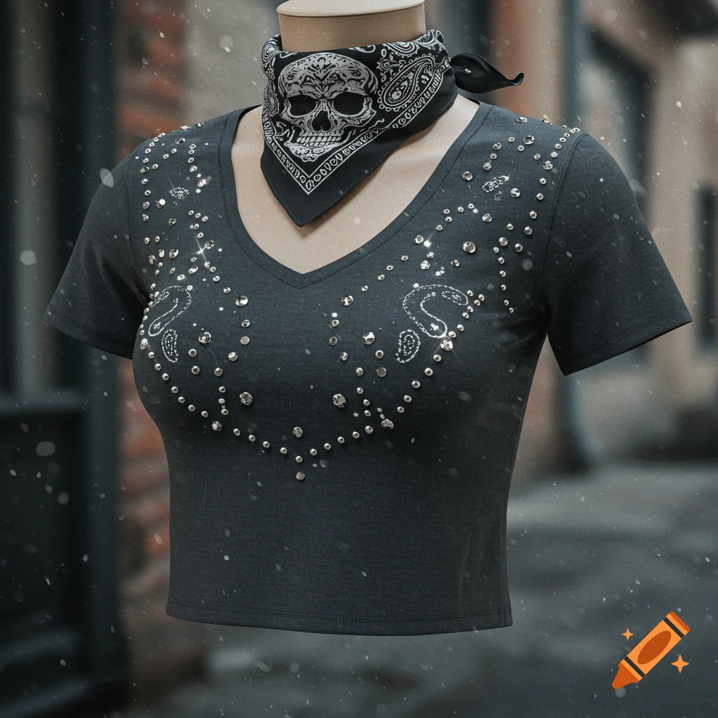 Dark grey cropped V-neck tee with gemstone embellishments on a mannequin, wearing a black skull bandana.