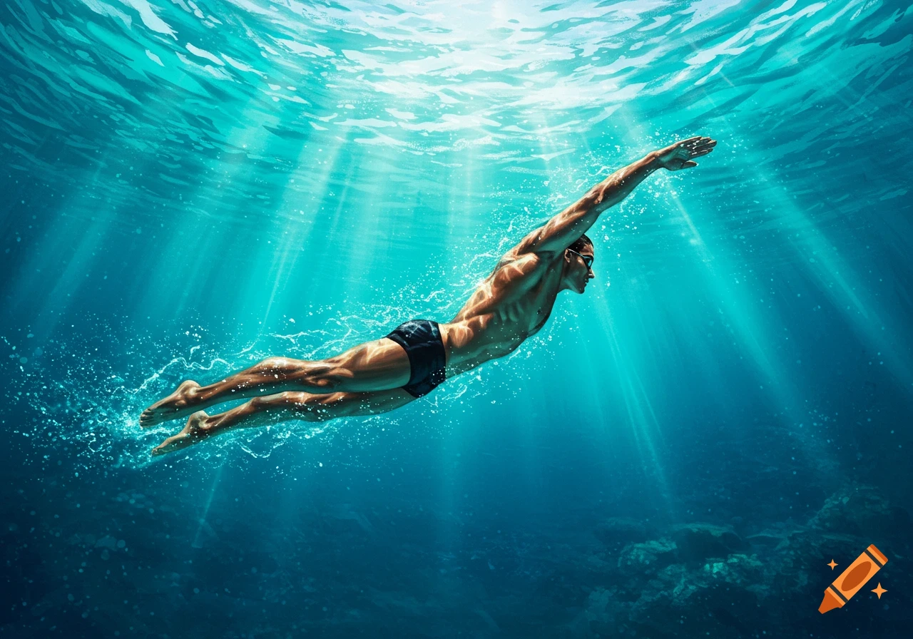 A muscular male swimmer glides through clear blue water with rays of light shining from the surface.
