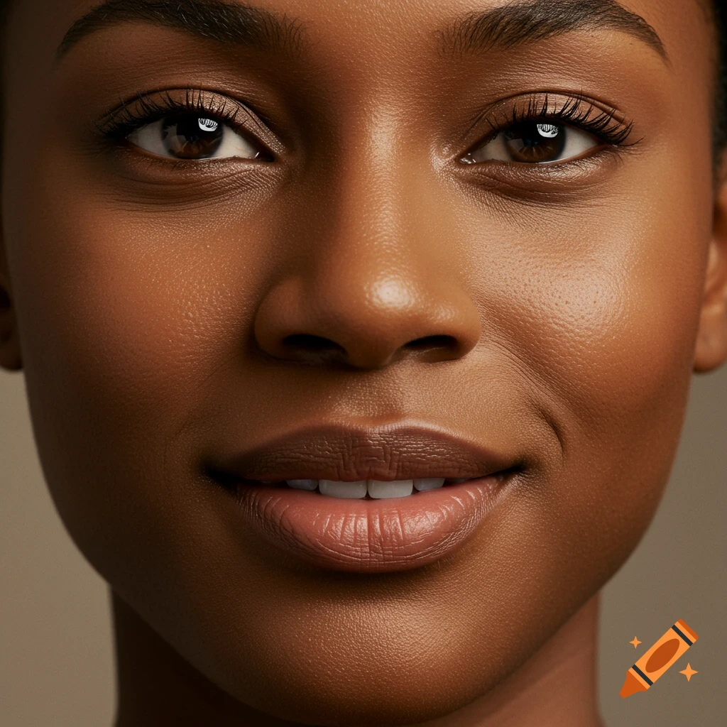 Close-up photorealistic portrait of a young person with dark skin subtly smiling.
