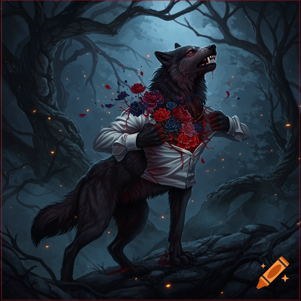 Dark, muscular wolf-like creature tearing its white shirt, revealing red and blue flowers bursting from its chest in a dark, misty forest.