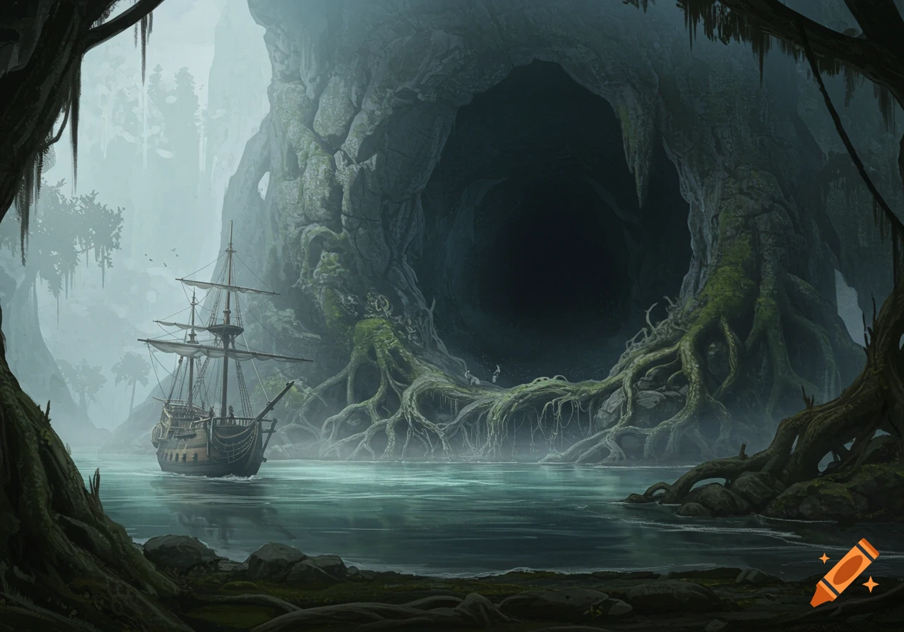 A ship sails on murky water towards a large, dark sea cave with gnarled roots hanging over its entrance in a misty, swampy landscape.