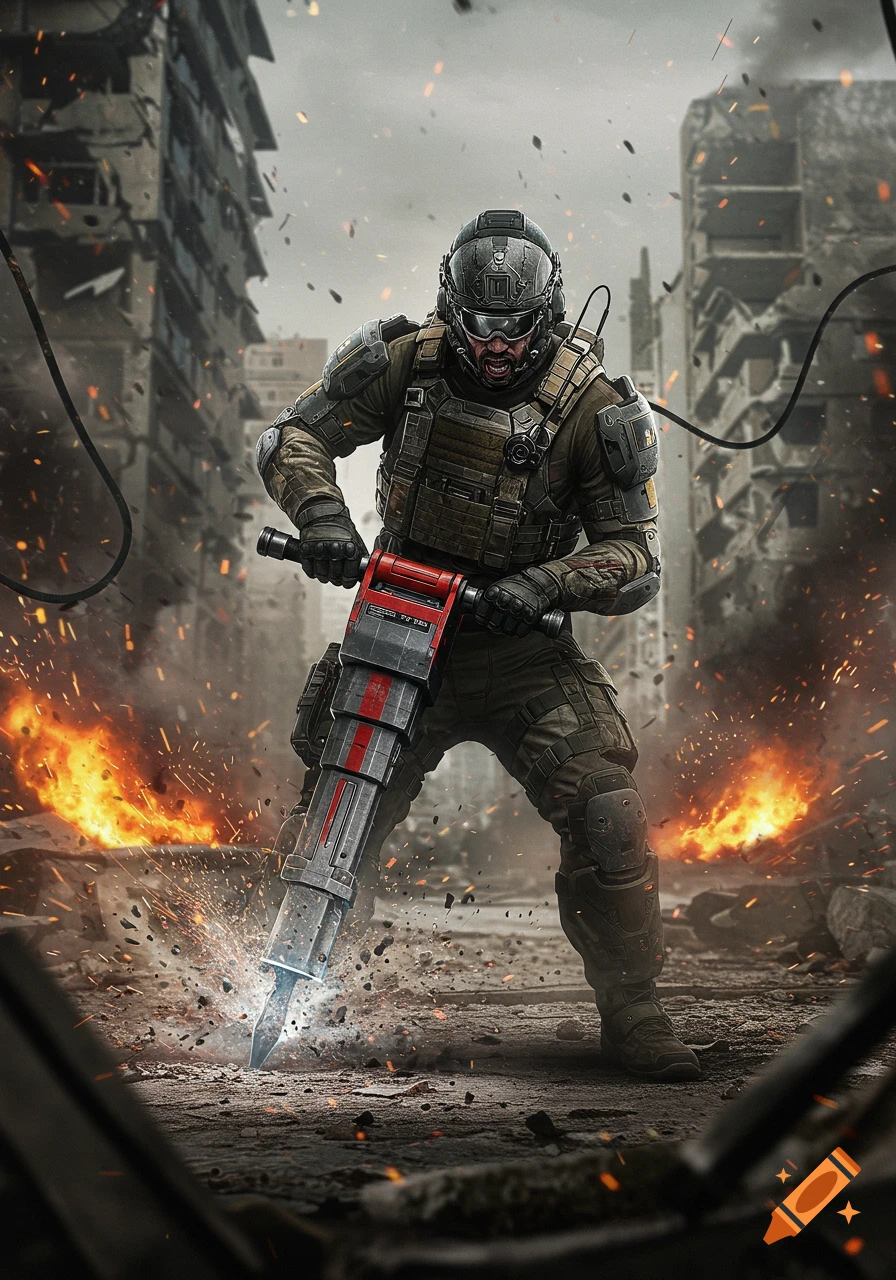 A soldier in tactical gear uses a jackhammer amidst debris and fires in a destroyed city street.