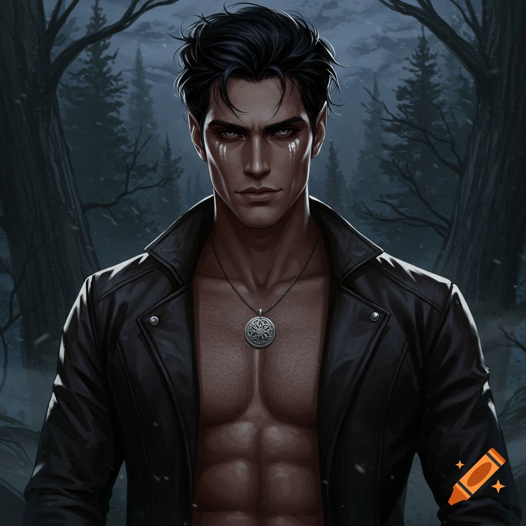 An illustrated male character with dark hair and white face markings, muscular bare chest under an open leather jacket in a dark forest.