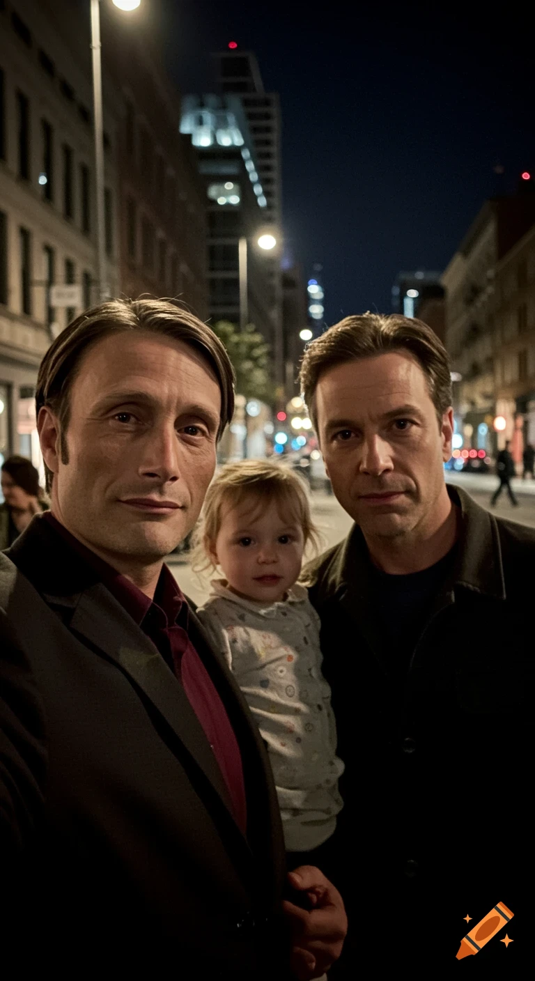 Candid night selfie of Mads Mikkelsen and Hugh Dancy as Hannibal Lecter and Will Graham, holding a toddler on a city street.